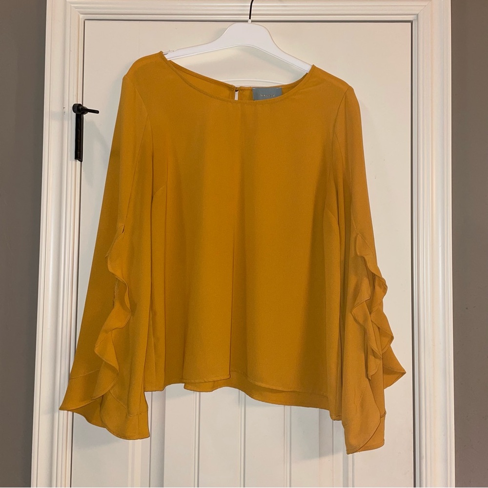 Skies Are Blue Mustard Ruffle Sleeve Blouse